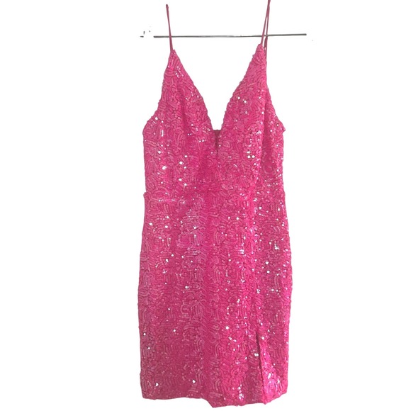Lucy in the Sky Dresses & Skirts - Lucy in the Sky Hot Pink Sequin V-Neck Mini Dress Neon Bodycon Party Size M